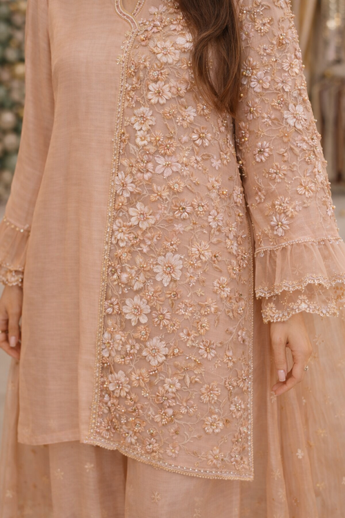 Elegant Peach Floral Embroidered Festive Suit