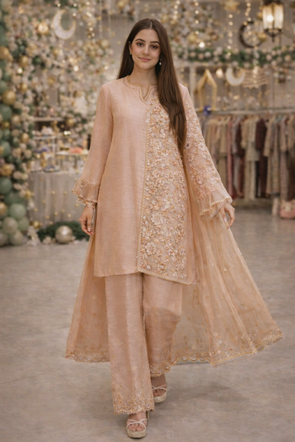 Elegant Peach Floral Embroidered Festive Suit